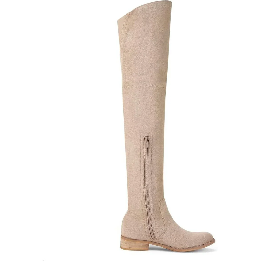 Women Khaki Faux Suede Over The Knee Thigh High Low Block Heel Pointed Toe Boot